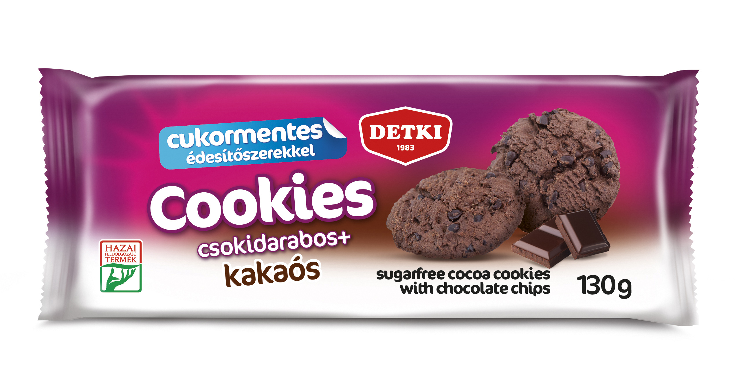 Cookies kakaós omlós keksz csokoládédarabokkal és édesítőszerekkel, cukor hozzáadása nélkül 130g